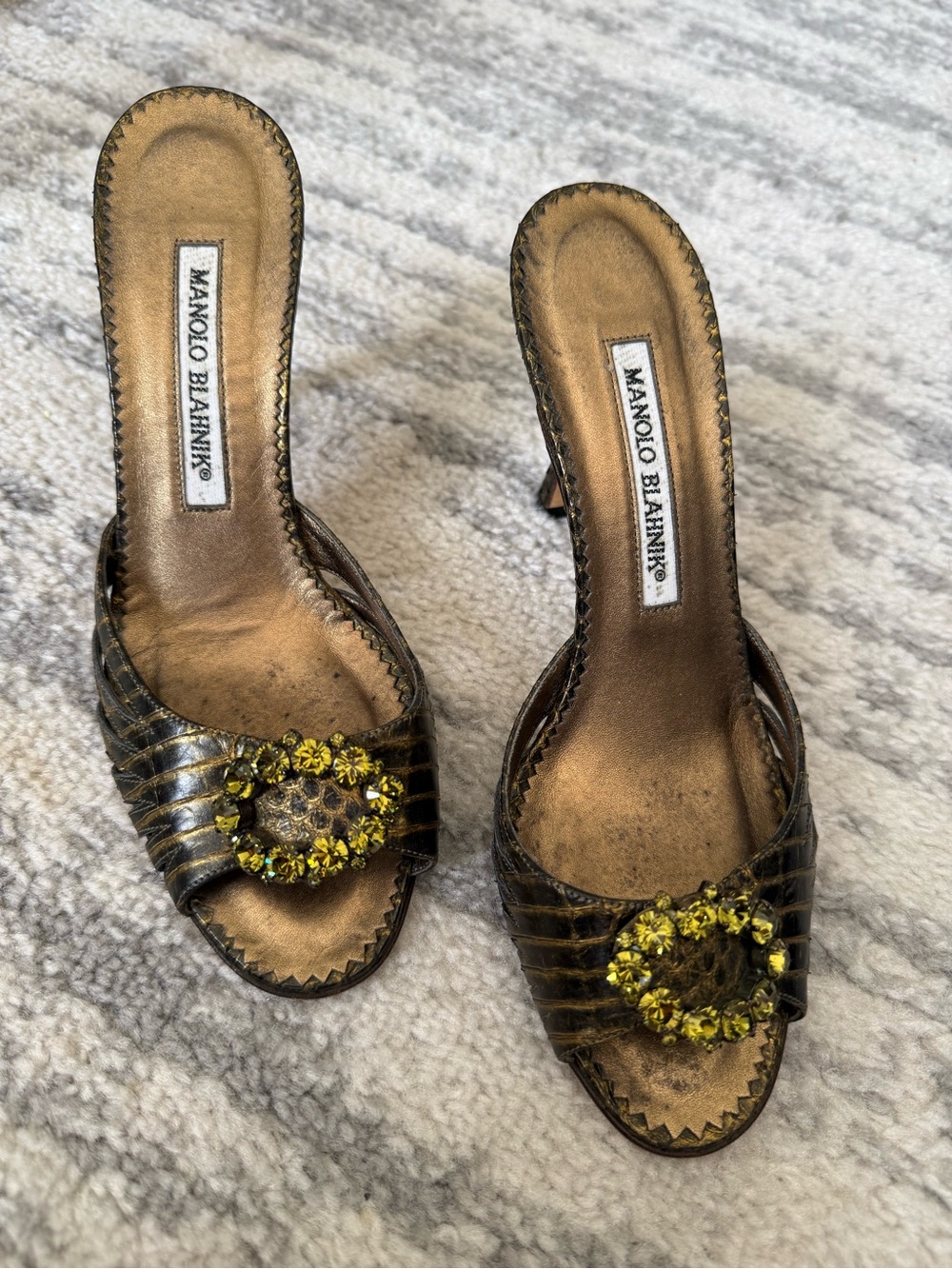 Manolo Blahnik Metallic Bronze Mules with Yellow Crystal Buckles